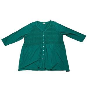 J.Jill Emerald Green Top Boho 2x Plus Size Cottage Cotton Blend Relaxed Comfort